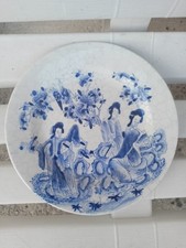 Assiette Chinoise Ancienne, Bleue, Décor Rehaussé A La Main. Signée, dia. 20.5.