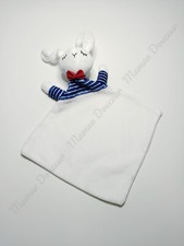 Doudou Plat/Mouchoir Lapin Blanc Bleu Marine Rayé Noeud Rouge  - Envie De Fraise