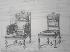 Fauteuil Chaise LOUIS XIII GRAVURE le MAGASIN de MEUBLES Victor QUETIN XIXéme