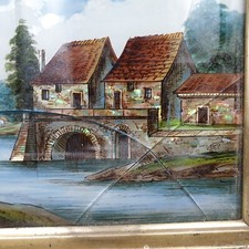 Tableau fixé sous verre incrustation de nacre encadré Paysage XIXème A restaurer