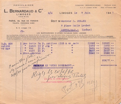 1946 facture bernardaud - 1946,