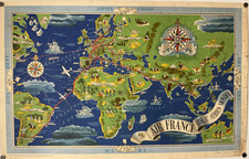 Air France réseau aérien Planisphère affiche originale par Lucien Boucher 1937