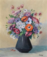 Vintage French Oil Painting Bouquet Flowers Poppies Daisies Signed Maurice Colzy