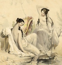 Baigneuses Coiffure Curiosa Nu Pierre Numa Bassaget - Lithographie Cattier XIXe