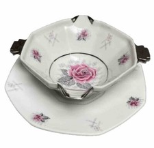 Saucière ART DÉCO Porcelaine de Limoges Fleurs rose & gris & détails Argentés