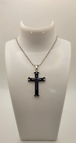 Collier croix argente bleu - argente, et
