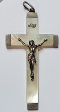 ANCIENNE CROIX PENDENTIF CRUCIFIX CHRIST JÉSUS ARGENT MASSIF ET NACRE #KN# K6