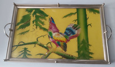 Plateau Art Déco en Métal Argenté, Décor Polychrome "Coq de bruyère"