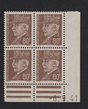 COIN DATÉ 1941 type Pétain Hourriez brun n°512 Y&T 80c bloc 4 TIMBRES neufs