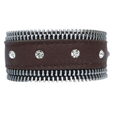 BRACELET homme ou femme CUIR MARRON fermeture éclair zip cristal blanc réglable