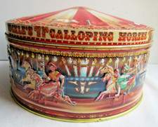 Boite publicitaire Anglaise, tôle lithographiée: Manège, Carrousel, Chevaux