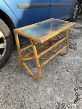 Table basse vintage bambou rotin osier plateau verre boho tiki porte revues