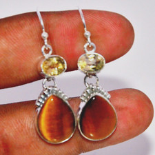 Boucle d'oreille goutte faite main en pierre précieuse oeil de tigre naturell...