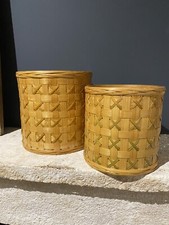 2 Caches Pot Rond en Rotin Vintage Bois Naturel Tressé