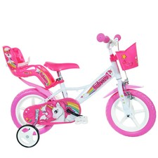 Vélo Fille 12 UNICORN Avec Roues Panier Et Garde-Boue Rose Blanc