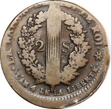 O9016 Rare Fauté 2 Sols Louis XVI Français 1792 Décentré + LIBERTK