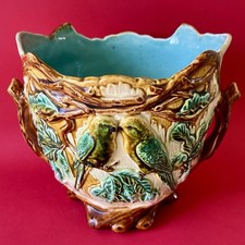 Cache-pot ancien faience d'Onnaing barbotine Art Nouveau oiseaux perruches 352