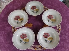 5 Assiettes Creuses Digoin Sarreguemines Décor Floral Rouge Vert et Jaune 23cm