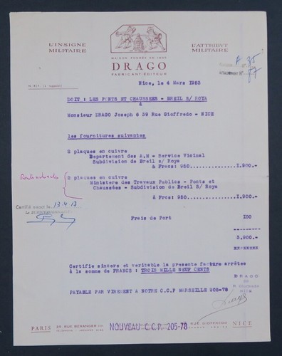 Facture 1953 insigne militaire - 1953,