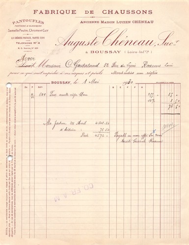 Facture 1930 fabrique de - ,