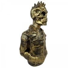 Statue Buste tête de mort punk en résine dorée antique perfecto 40 cm