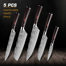 Set 5 Couteaux Japonais Cuisine Chef Professionnels Damas Acier Inox Carbone
