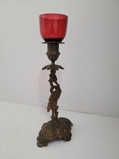 Bougeoir de sanctuaire église bronze héron verre rouge old candelstick religieux