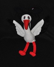 Peluche cigogne CP INTERNATIONAL blanc noir rouge coiffe alsacienne 28 cm TTBE