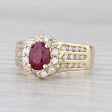 Bague Halo En Rubis Et Diamant De 1,77 Ct En Or Jaune 14k Taille 7,25