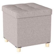 Pouf de 45cm avec Rangement Repose-pieds en Lin avec Plateau et Pieds en Hévéa