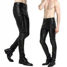 NOIR HOMMES simili cuir motard pantalon coupe élancée Rock Punk Rétro bas