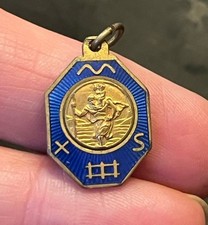 Antique Saint Christopher Medal French Brass Blue Enamel charm Pendant ¾”
