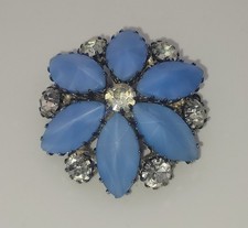 BIJOU VINTAGE BROCHE CRISTAL BLANC BLEU MÉTAL ARGENTÉ # K28