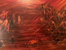 belle Peinture Huile Sur Toile École De Hanoï Hanoi Asie Mer Océan Bateau 1960