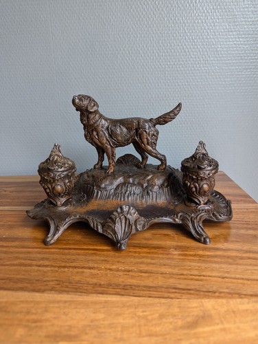 Encrier chien chasse signé - encrier,