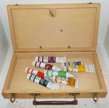 Petite boite de peinture vintage en bois type valise + tubes de gouache Talens