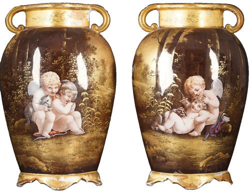 Paire vases angelots peint - vases,