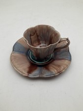 Faïence de RUBELLES Tasse à thé café Flammé beige bleu / Soucoupe émail ombrant