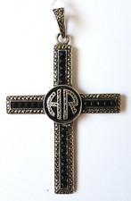 Croix pendentif en argent massif + marcassite Bijou ancien silver cross crucifix