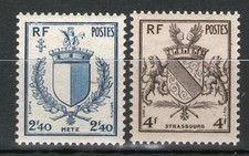 TIMBRE N° 734-735 NEUF * * GOMME ORIGINALE - ARMOIRIES DE STRASBOURG ET METZ