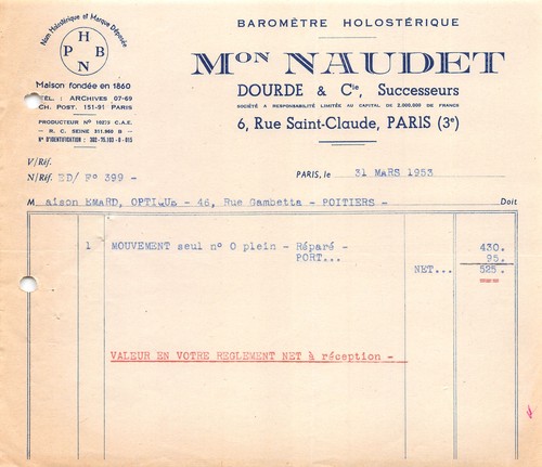 Facture 1953 barometre - ,