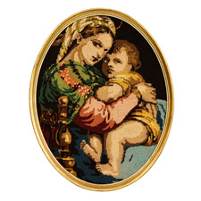Cadre ovale or doré tapisserie religieuse vierge et enfant H 49 cm vintage