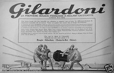 PUBLICITÉ 1927 GILARDONI LA PREMIÈRE BOUGIE FRANÇAISE A ISOLANT STEATITE.