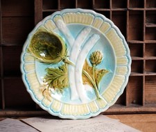 Antique Artichoke Plate Majolica French Asparagus Barbotine Serving Dish Salins