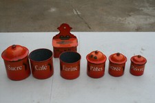 ANCIENNE SERIE DE 6 POTS  EPICES EN TOLE EMAILLE ORANGE ET NOIR   BOTE ALLUMETTE