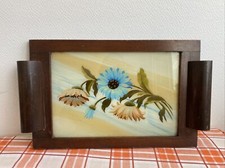 Ancien grand plateau service bois décor Fleurs Art Deco Table Vintage