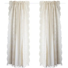 Rideau en coton creux à nouer floral avec bordure en perles pour décoration...