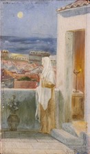 tableau ancien femme nuit lune religieux symbolisme paysage France Art Nouveau