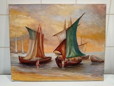 tableau toile 41x33cm Bateaux De Pêcheurs signé J. Dubois