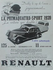 PUBLICITE RENAULT AUTOMOBILE PRIMAQUATRE SPORT SERVO FREIN DE 1938 FRENCH AD PUB